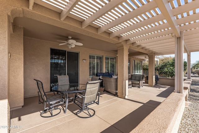 view of patio / terrace featuring an outdoor hangout area, a pergola, and ceiling fan