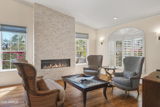 living area with baseboards, a stone fireplace, wood finished floors, and crown molding