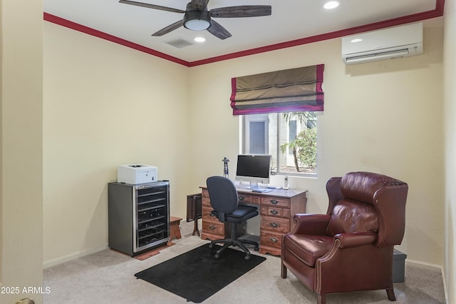 office area featuring baseboards, wine cooler, an AC wall unit, carpet floors, and a ceiling fan