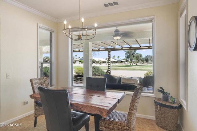 tiled dining room featuring visible vents, plenty of natural light, an inviting chandelier, and ornamental molding