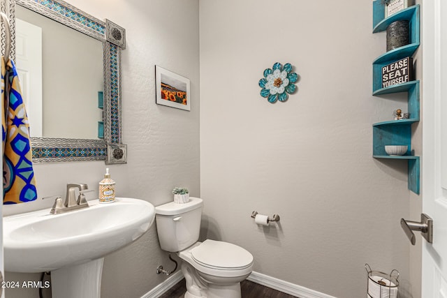 bathroom with toilet, sink, and hardwood / wood-style flooring