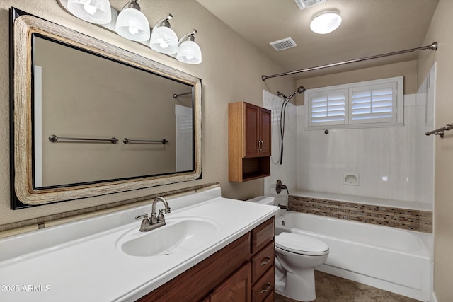 full bathroom with vanity, toilet, bathtub / shower combination, and tile patterned flooring