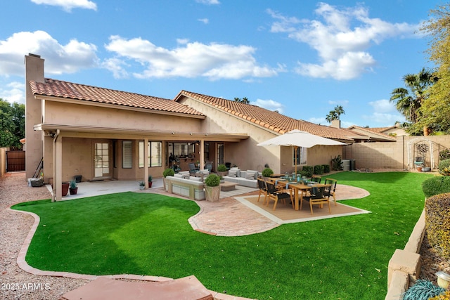 rear view of property featuring an outdoor living space, a patio area, central AC unit, and a yard