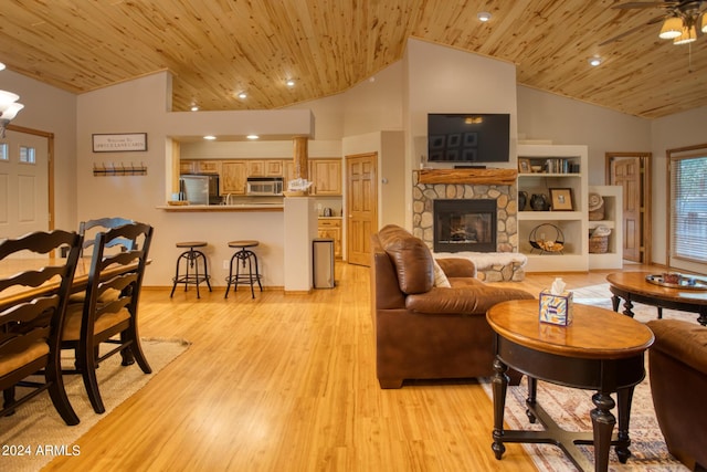1640 S Spruce Ln, Show Low, AZ 85901 - living area with high vaulted ceiling, wood ceiling, a fireplace, light wood-style flooring, and recessed lighting