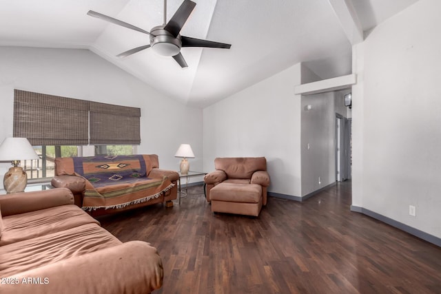 23948 W Jomax Rd, Wittmann, AZ 85361 - living area featuring vaulted ceiling, wood finished floors, a ceiling fan, and baseboards
