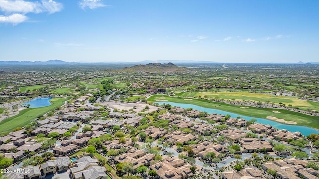 bird's eye view with a water and mountain view