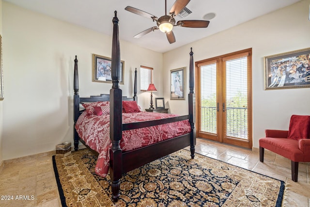 bedroom with access to exterior, french doors, and ceiling fan