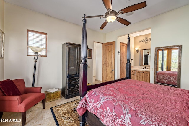 bedroom with connected bathroom and ceiling fan