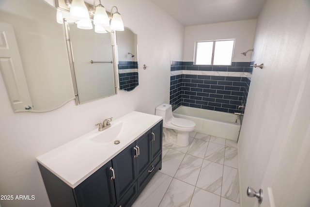 full bathroom with tiled shower / bath combo, vanity, and toilet