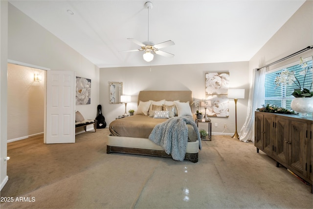 bedroom with ceiling fan, high vaulted ceiling, carpet flooring, and baseboards