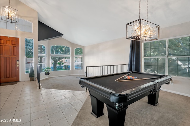 rec room featuring a notable chandelier, carpet flooring, billiards, baseboards, and tile patterned floors