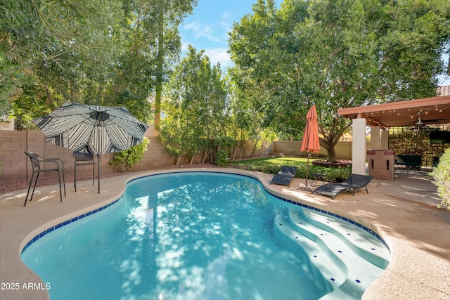 view of swimming pool featuring a fenced backyard, a fenced in pool, and a patio