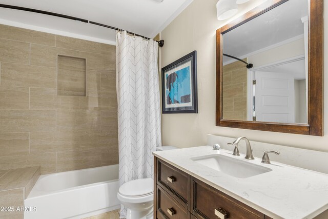 bathroom featuring shower / bathtub combination with curtain, vanity, and toilet