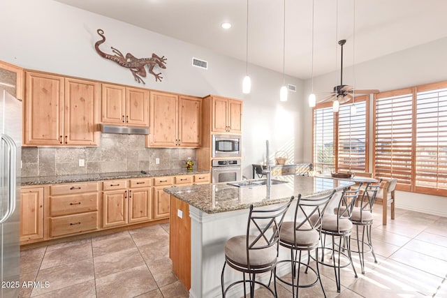 kitchen with appliances with stainless steel finishes, tasteful backsplash, sink, stone countertops, and a center island with sink