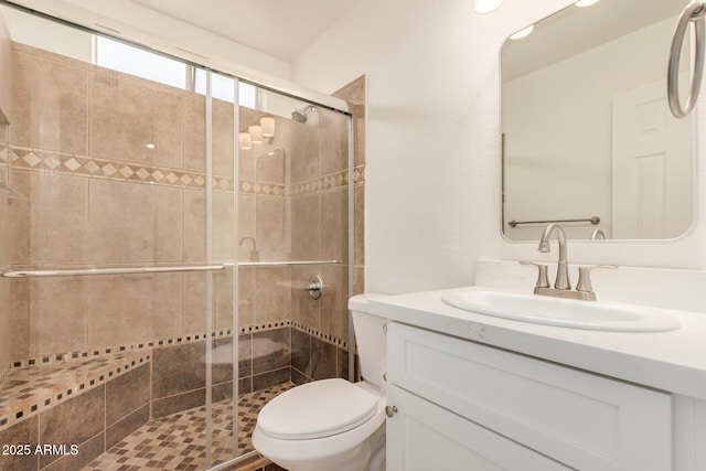 full bath featuring vanity, toilet, and a shower stall