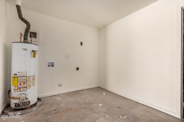laundry area featuring gas water heater, laundry area, electric dryer hookup, baseboards, and hookup for a washing machine