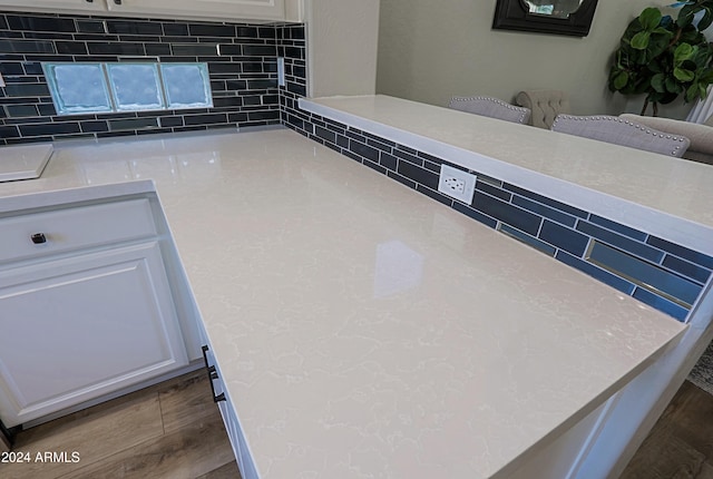 interior details featuring decorative backsplash and hardwood / wood-style flooring