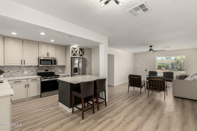 2240 W Cheery Lynn Rd, Phoenix, AZ 85015 - kitchen featuring visible vents, open floor plan, light countertops, stainless steel appliances, and backsplash