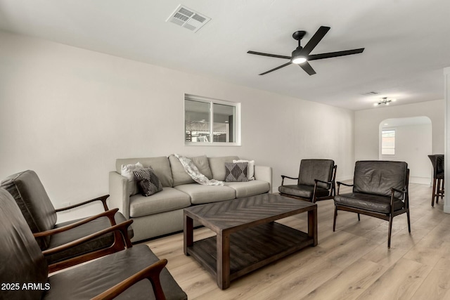2240 W Cheery Lynn Rd, Phoenix, AZ 85015 - living area with visible vents, ceiling fan, arched walkways, and light wood-style floors