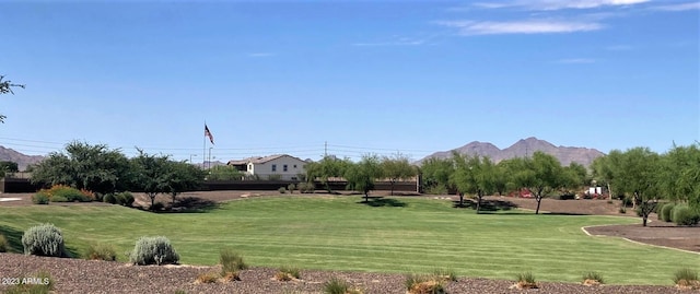 view of community with a mountain view and a yard