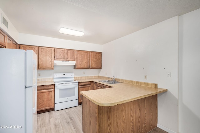 kitchen with sink, kitchen peninsula, light hardwood / wood-style floors, a textured ceiling, and white appliances