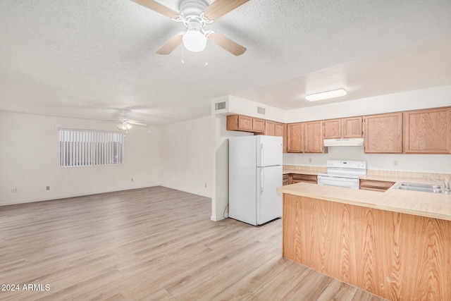 kitchen featuring kitchen peninsula, light wood-type flooring, white appliances, a textured ceiling, and sink