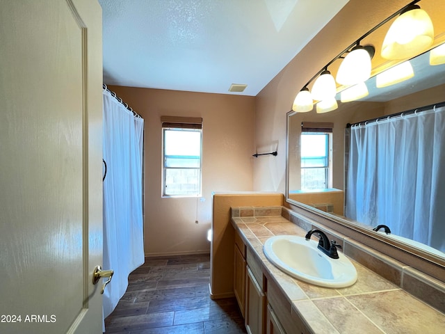 bathroom featuring vanity, hardwood / wood-style flooring, and a healthy amount of sunlight