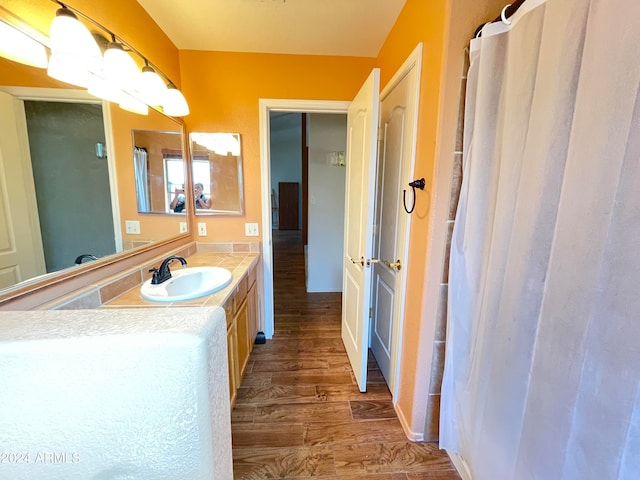 bathroom with hardwood / wood-style floors and vanity