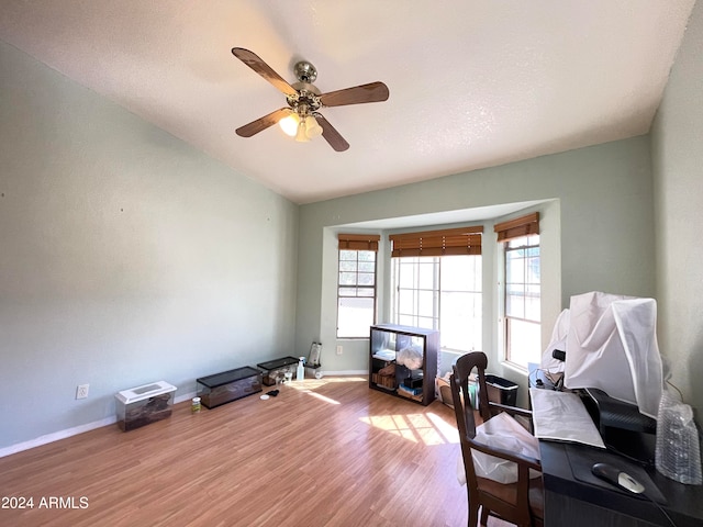 office featuring light wood-type flooring, vaulted ceiling, and ceiling fan