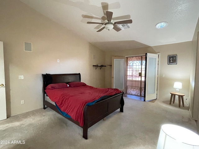 carpeted bedroom featuring access to exterior, a textured ceiling, ceiling fan, and vaulted ceiling