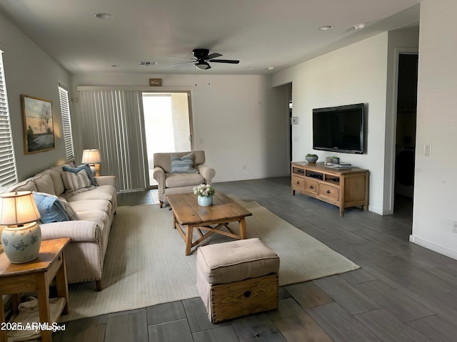 6838 W Pedro Ln, Laveen, AZ 85339 - living room with ceiling fan, wood finish floors, visible vents, recessed lighting, and baseboards