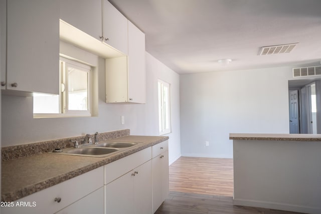 1410 S 24th Ave, Phoenix, AZ 85009 - kitchen featuring a sink, white cabinets, wood finished floors, and visible vents