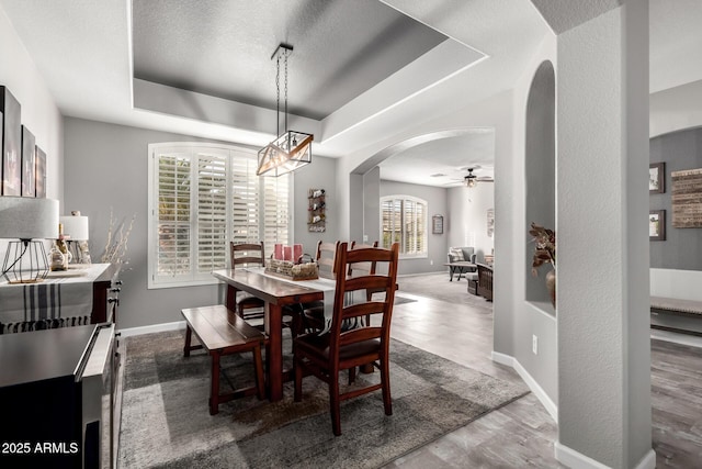 dining space featuring arched walkways, a raised ceiling, ceiling fan, wood finished floors, and baseboards