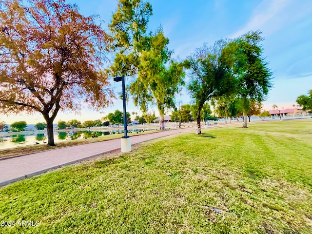 view of community with a water view and a yard