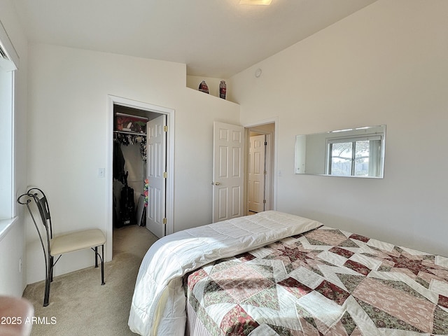 carpeted bedroom featuring vaulted ceiling, a spacious closet, and a closet