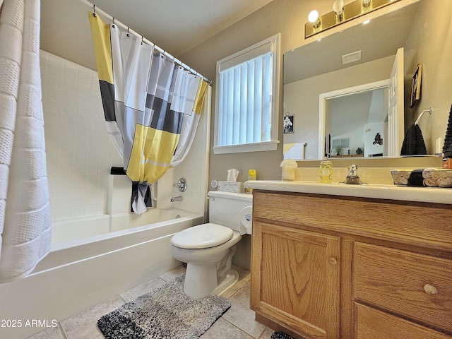 full bathroom with shower / bathtub combination with curtain, vanity, tile patterned flooring, and toilet