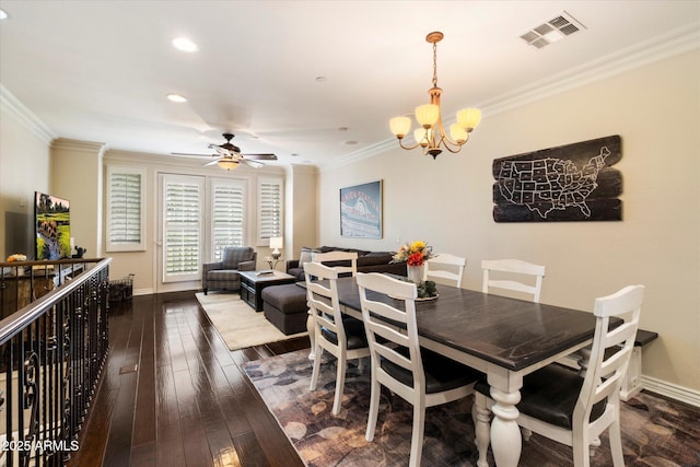 2470 E Roma Ave, Phoenix, AZ 85016 - dining room featuring a chandelier, crown molding, a ceiling fan, dark wood finished floors, and recessed lighting