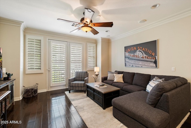 2470 E Roma Ave, Phoenix, AZ 85016 - living room featuring ceiling fan, hardwood / wood-style floors, and ornamental molding