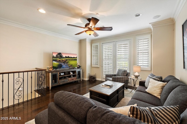 2470 E Roma Ave, Phoenix, AZ 85016 - living room featuring ceiling fan, ornamental molding, wood finished floors, and recessed lighting