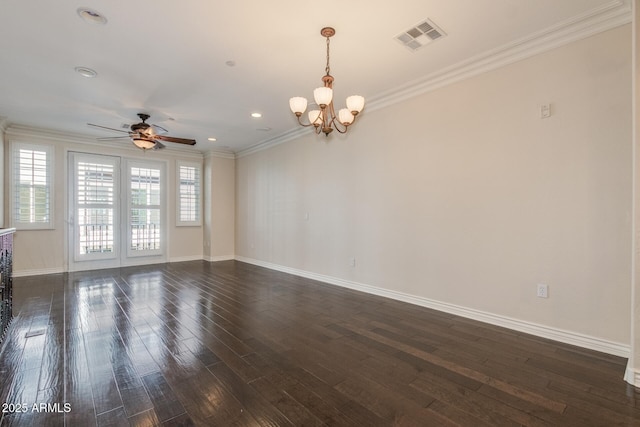 2470 E Roma Ave, Phoenix, AZ 85016 - spare room with ornamental molding, a chandelier, dark wood-style floors, a ceiling fan, and recessed lighting