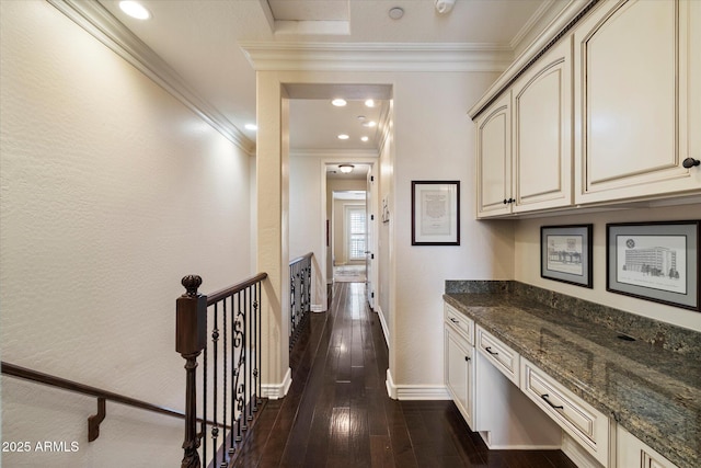 2470 E Roma Ave, Phoenix, AZ 85016 - hall with ornamental molding, dark wood-style flooring, and an upstairs landing