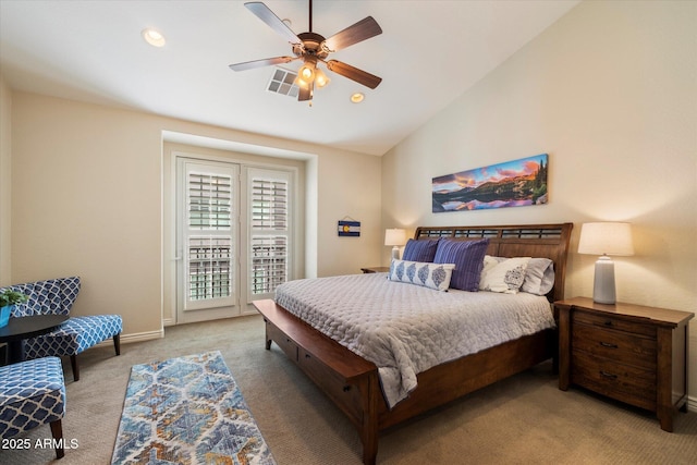 2470 E Roma Ave, Phoenix, AZ 85016 - carpeted bedroom with access to exterior, vaulted ceiling, ceiling fan, and recessed lighting