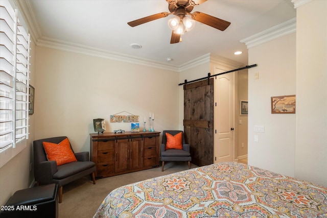 2470 E Roma Ave, Phoenix, AZ 85016 - carpeted bedroom featuring a barn door, ornamental molding, recessed lighting, and a ceiling fan