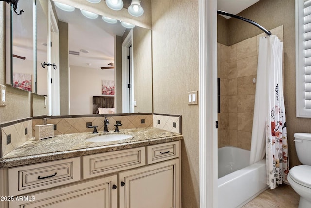 2470 E Roma Ave, Phoenix, AZ 85016 - full bathroom with backsplash, vanity, shower / tub combo with curtain, and a textured wall
