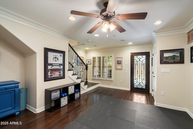 2470 E Roma Ave, Phoenix, AZ 85016 - entryway with a ceiling fan, stairs, hardwood / wood-style flooring, crown molding, and recessed lighting