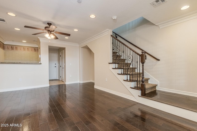 2470 E Roma Ave, Phoenix, AZ 85016 - unfurnished living room featuring ceiling fan, wood finished floors, ornamental molding, stairs, and recessed lighting