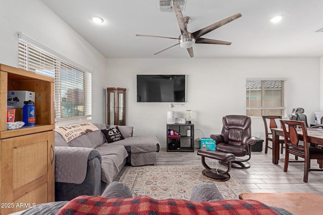 living room with ceiling fan