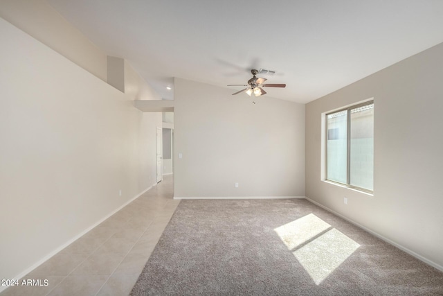 3847 W Yellow Peak Dr, San Tan Valley, AZ 85144 - spare room featuring visible vents, baseboards, light colored carpet, ceiling fan, and vaulted ceiling