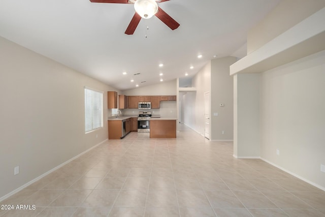 3847 W Yellow Peak Dr, San Tan Valley, AZ 85144 - unfurnished living room with light tile patterned floors, a ceiling fan, baseboards, lofted ceiling, and recessed lighting