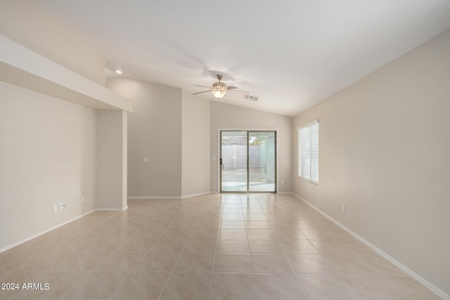 3847 W Yellow Peak Dr, San Tan Valley, AZ 85144 - unfurnished room with light tile patterned floors, baseboards, visible vents, ceiling fan, and vaulted ceiling